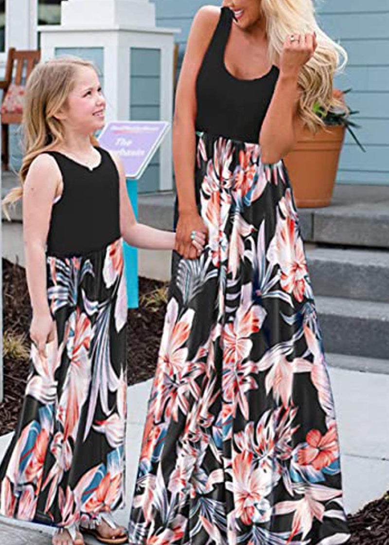 Askwind Mommy and Me Dresses Casual Floral Family Outfits Summer Matching Maxi Dress (Black, XL) - Image 2